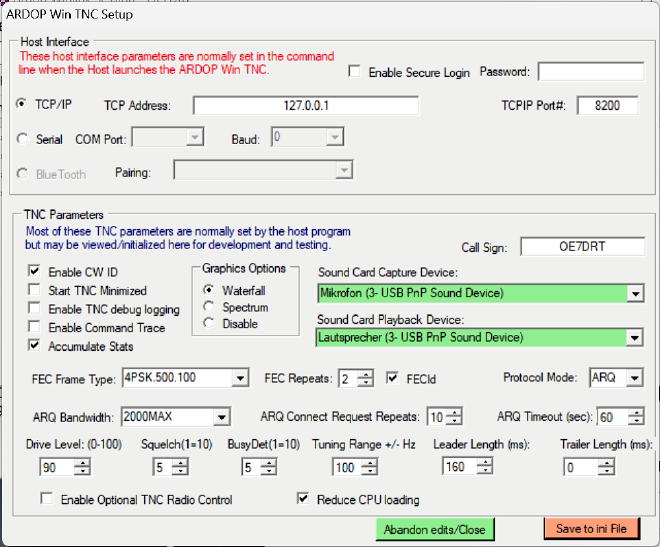 screenshot of the ARDOP settings