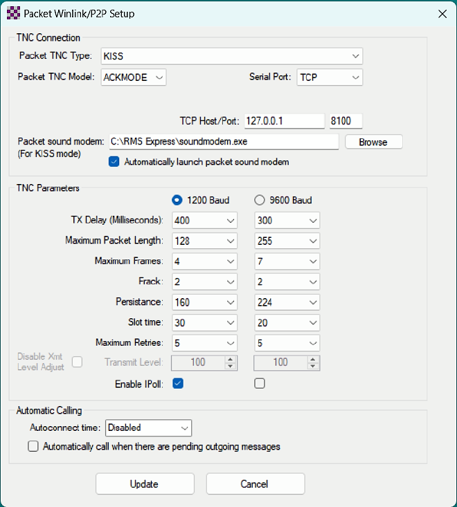 screenshot of the packet radio settings